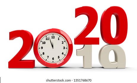 2019-2020 change with clock dial represents coming new year 2020, three-dimensional rendering, 3D illustration