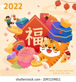 2020 CNY Post. Illustration Of A Big Red Couplet Written Chinese Calligraphy With Character Blessing Surrounded By Zodiac Animal Tiger And Spring Festival Objects