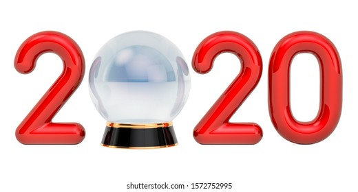 2020 With Crystal Ball, Prediction For 2020 Concept. 3D Rendering Isolated On White Background