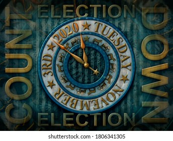 2020 Election Countdown Clock With The Election Date And Elephants And Donkeys Representing The Democratic And Republican Parties. Gears, Stars, And Stripes Fill The Background. 3D Illustration