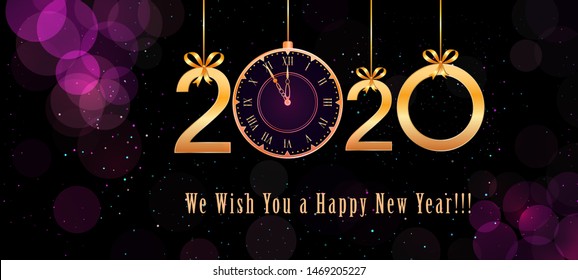 2020 Happy New Year Text Design With Hanging Golden Numbers, Ribbon Bows And Vintage Clock On Abstract Purple Background With Bokeh Effect, Glitter. Holiday Banner, Poster Template. End Of The Year