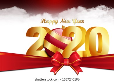  2020 Happy Newyear. Golden Letter Decorated With Ribbon