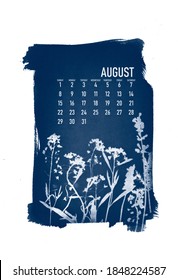 2021 calendar created with cyanotype process with floral leaves. August month.