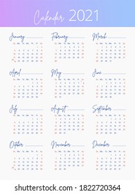 2021 Calendar English Week Starts On Stock Illustration 1822720364 ...