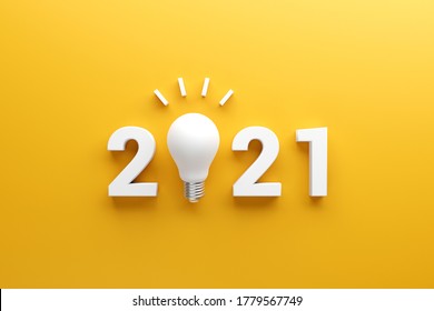 2021 Creativity Inspiration Concepts, Light Bulb Idea With 2021 New Year On Yellow Background, Planning Ideas.
