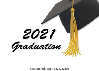 2021 Graduation Class. Class Of 2021 Year With Cap And Tassel. Education, Graduation 2021 Concept, Isolated On White, 3D Illustration