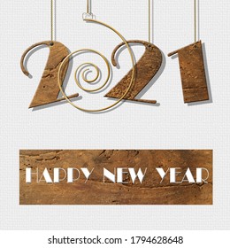 2021 Happy New Year Card. Antique Wood Hanging Number 2021, Text Happy New Year On White Background. Copy Space. 2021 Business Card, Label, Poster, Sign. 3D Illustration