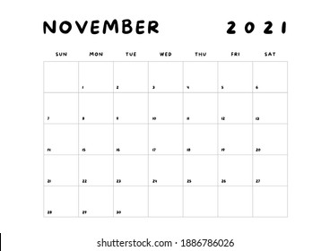 2021 Minimalist Black And White Calendar, Sunday Start Printable Calendar, Plain Calendar, Monthly Planner, Calendar Landscape