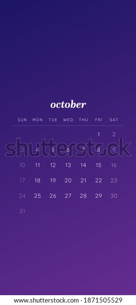 スマートフォンのロック画面の背景に21年の月次カレンダー 10月 のイラスト素材
