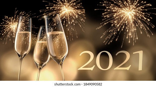 2021 - New Year Composition With Champagne Glasses And Fireworks - 3D Illustration