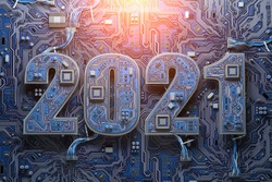 2021 On Circuit Board Or Motherboard With Cpu. Computer Technology And Internet Commucations Digital Concept Background. Happy New 2021 Year. 3d Illustration