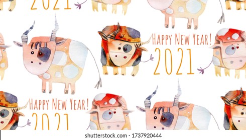 2021 symbol, seamless watercolor background with bulls, happy new year lettering, numbers 2021, funny farm animals, zodiac sign Taurus, stylized cattle
