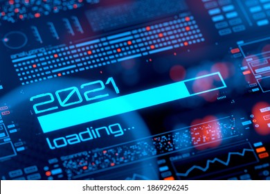 2021 Year Progress Bar On Digital Lcd Display With Reflection. Abstract Technology Background. 3D Rendering.