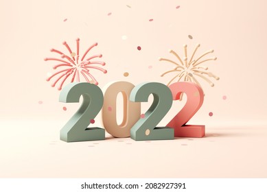 2022 3d text New Year with fireworks and falling shiny confetti on yellow background, 3d render. - Powered by Shutterstock