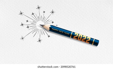 2022 Happy New Year Celebration Creative Concept With Fireworks, Pencil, Sketch And Drawing