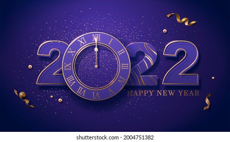 2022 Happy New Year's Eve Countdown Poster, Suitable For Luxury Party Invitation. Layout With Luxury Numbers, Clock, Golden Glitter And Confetti.