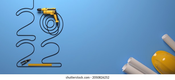 "2022" made of a drill wire and a set of construction tools, all on a blue background.
Creative 2022 New Year design template for building and engineering companies. 3D render.