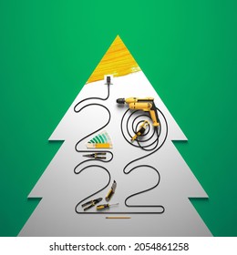 "2022" made of a drill wire and a set of construction tools, all on a abstract Christmas tree background. Creative 2022 New Year design template for building and engineering companies. 3D render.