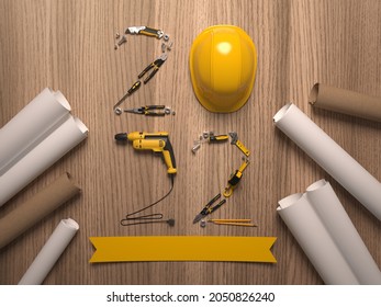 "2022" made from a set of construction tools and a protective helmet on a wooden background.
Creative 2022 New Year calendar or felicitation template for building and engineering companies. 3D render. - Powered by Shutterstock