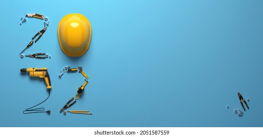 "2022" made from a set of construction tools and a protective helmet on a blue background.
Creative 2022 New Year calendar or felicitation template for building and engineering companies. 3D render.
