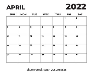 2022 Minimalist Black and White Calendar, Sunday Start Printable Calendar, Plain calendar, Dated Monthly Planner, Simple Monthly Organizer, Landscape Monthly Planner April 2022 - Powered by Shutterstock