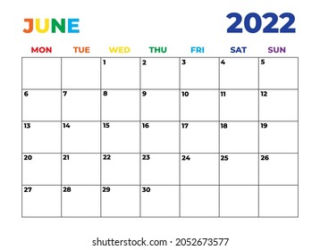 Calendario Arcoiris Mínimalista 2022, Calendario Imprimible de inicio de lunes, calendario sencillo, planeador mensual de fechas, organizador mensual simple, planeador mensual de paisajes, junio de 2022