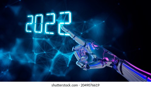 2022 New Year Background AI Artificial Intelligence Digital Technology Concept, 3D Robot Pointing Finger Abstract Cyber Space Blue Background.