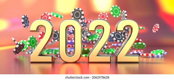 2022 new year celebration, casino poker chips falling background. Gambling, betting and playing games of chance concept, 3d illustration - Powered by Shutterstock