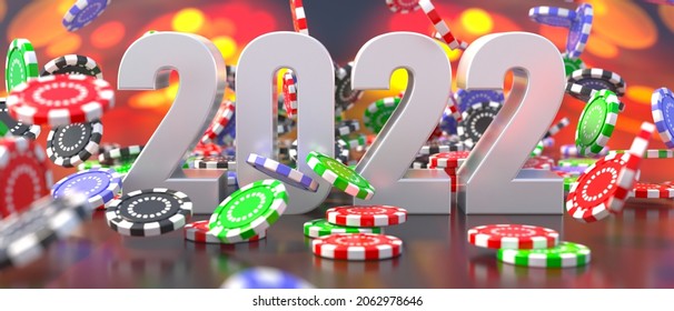 2022 new year celebration, casino poker chips falling background. Gambling, betting and playing games of chance concept, 3d illustration - Powered by Shutterstock