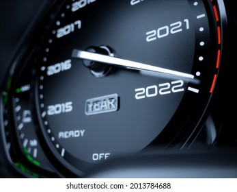 2022 year car speedometer countdown concept. 3d rendering illustration
