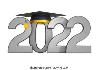 2022 year and graduation cap on white background. Isolated 3D illustration