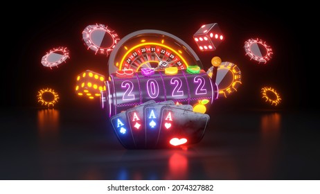 2022 Year Online Casino Gambling Concept. 4 Aces Poker Cards, Slot Machine, Dices And Roulette Wheel With Neon Lights - 3D Illustration
