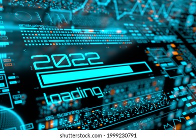 2022 Year Progress Bar On Digital Lcd Display With Reflection. Abstract Technology Background. 3D Rendering.