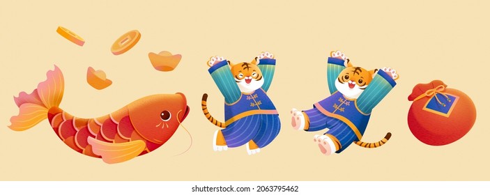 2022 Year of the Tiger CNY elements. Illustration of two zodiac animal tigers, a Chinese koi fish, and some wealth symbol objects isolated on khaki background