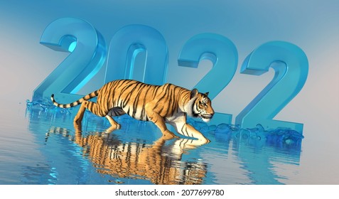 2022 Year Of The Tiger On Water 3d Illustration