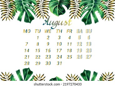 Аugust: 2023 Calendar Template with Exotic Tropical Leaves. Calendar page for 2023 with a horizontal frame of watercolor  leaves. Tropical hand-drawn decorative Botanical elements, diary page design. - Powered by Shutterstock