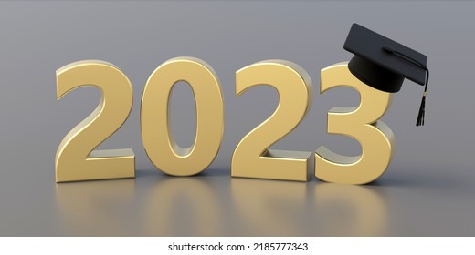 2023 Class Graduation. Gold year number and grad cap on silver grey background. High school, college graduate. 3d render - Powered by Shutterstock