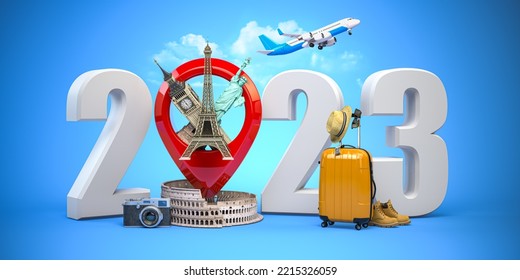 2023 Happy new year. Number 2023 and pin with most popular landmarks of the world. New year celebration in London, Paris, Rome or New York. 3d illustration - Powered by Shutterstock