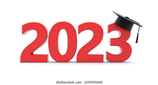 2023 New Academic Year, Class Graduation. Red color year number and grad cap isolated on white. 3d render - Powered by Shutterstock