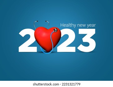 2023 new year Healthcare concept. Healthy new year- 3D creative for 2023 new year. Doctor stethoscope with smiling heart and blue background. - Powered by Shutterstock