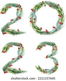 2023 New Year Watercolor Numbers, New Year Watercolor Clip Art, Christmas  Wreath, Lettering, Peace Sign