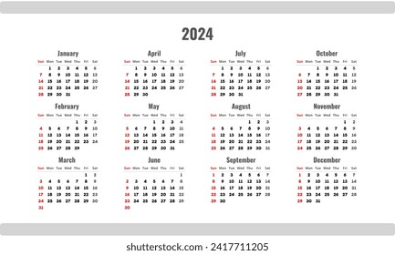 2024 Calendar: Minimalist monthly template for organized planning. 2024 Calendar - Week starts Sunday; ideal for various purposes throughout the year. - Powered by Shutterstock