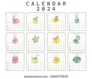 2024 Calendar Set with Botanical Hand Drawn Theme. The week starts on Sunday. 2024 Calendar Set With Minimalist Hand-Drawn Botanical Flower Ornaments - Powered by Shutterstock