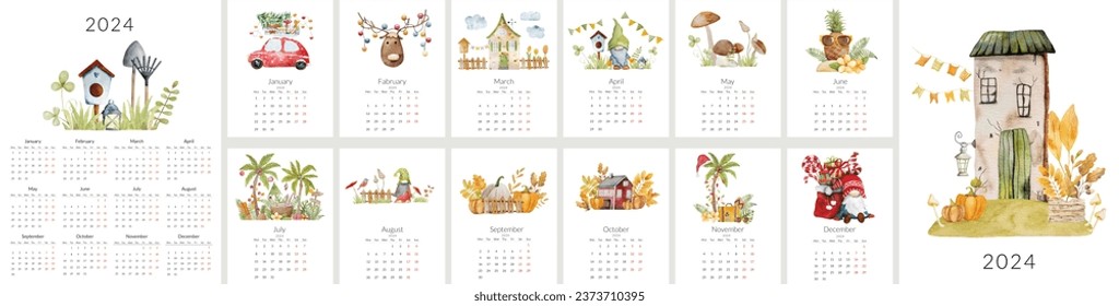 2024 calendar template with handmade watercolor illustrations - Powered by Shutterstock