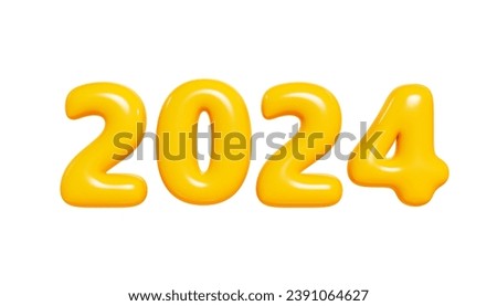2024 inflatable balloon text 3d render illustration. Cartoon yellow glossy number for 2024 New Year and Christmas greeting or sale design, party invitation. Xmas decoration element. 3D Illustration