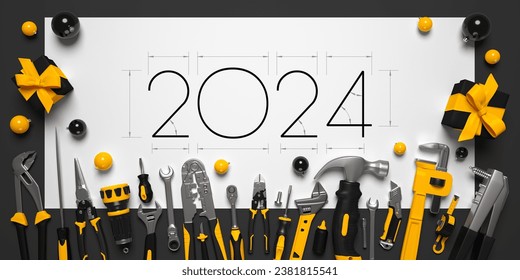 2024 New Year and Christmas background with construcrion tools. 3d render illustration on engineering, construction, interior finishing, repair and maintenance theme. - Powered by Shutterstock