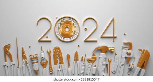 2024 New Year design template with construcrion tools set. 3d render illustration on engineering, construction, interior finishing, repair and maintenance theme. - Powered by Shutterstock