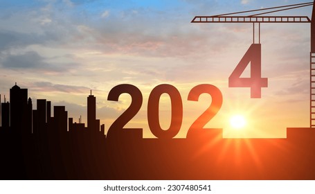 2024. New Year 2024. Silhouette of Construction crane and sunset sky for preparation of welcome 2024 new year and change new business. New Start motivation inspirational quote message on silhouette - Powered by Shutterstock