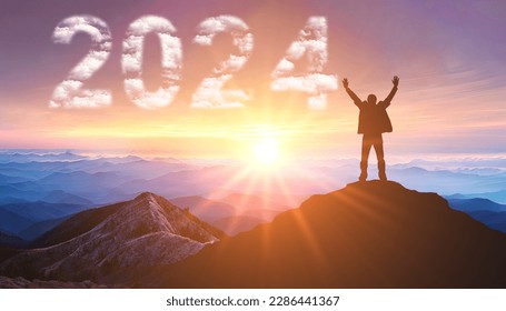 2024. New Year 2024, New Start motivation inspirational quote message on silhouette of winner man in sunset with arms up in happiness. Welcome Happy new year in 2024