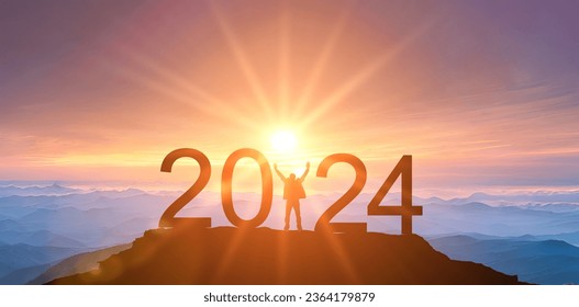 2024. New Year 2024, New Start motivation inspirational quote message. Man meets dawn in mountains for new year 2024. New Start motivation inspirational quote message on silhouette man - Powered by Shutterstock